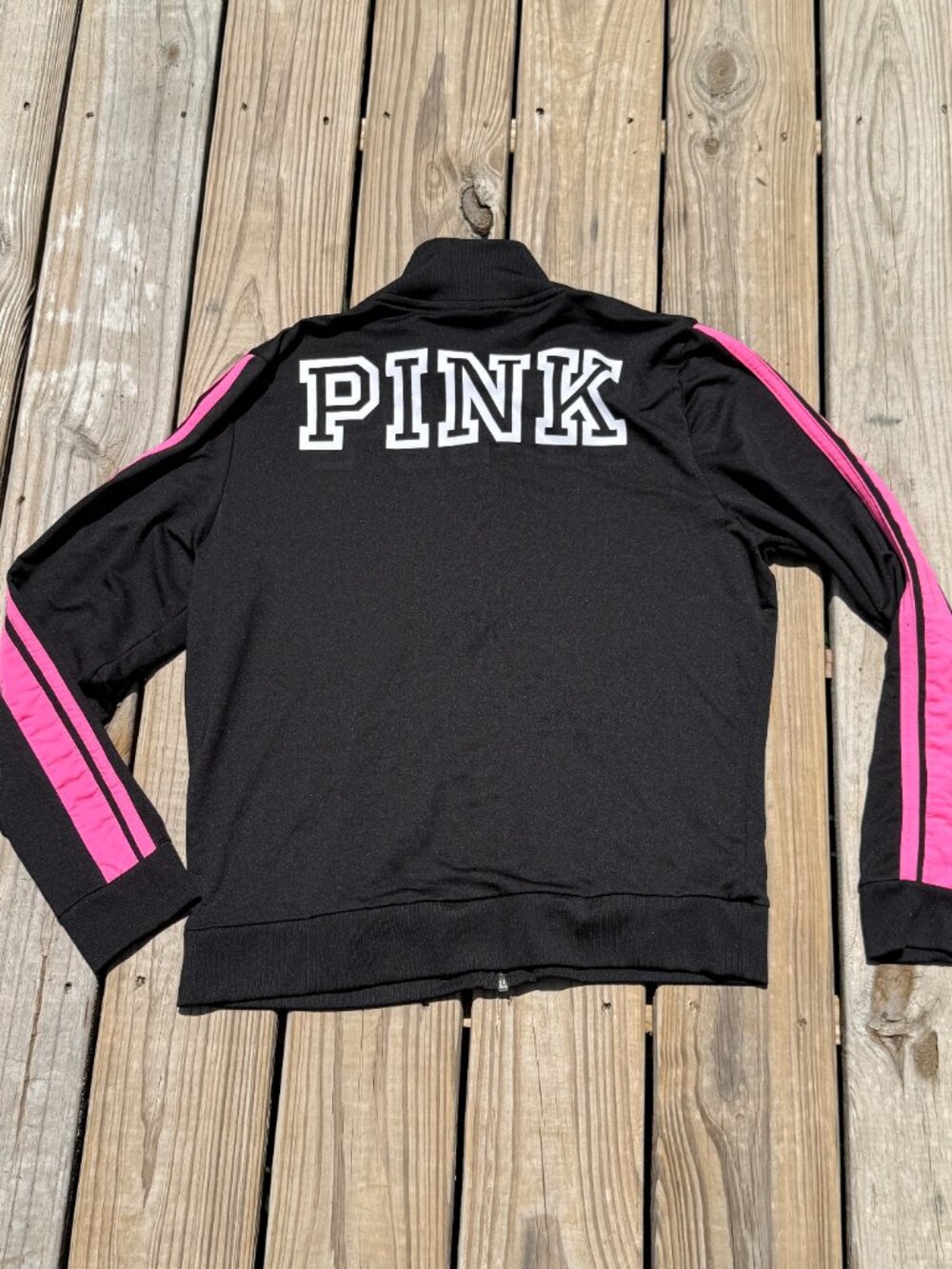 VS PINK Sz L Track Jacket Black Pink Stripe Y2K Athleisure Streetwear 3462